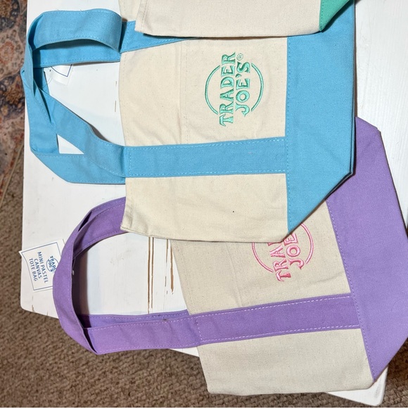 Set of 4 Trader Joe's mini Pastel Canvas Tote Bags:Pink, Blue, Green, Purple NWT - Picture 8 of 10
